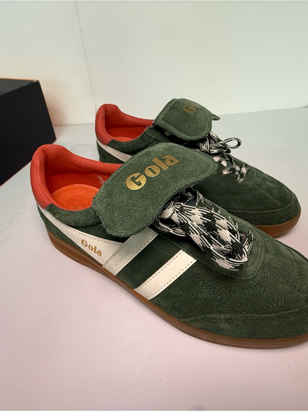 Gola womens Dark Green Suede Sneakers with White Stripes and Orange Lining. Cute